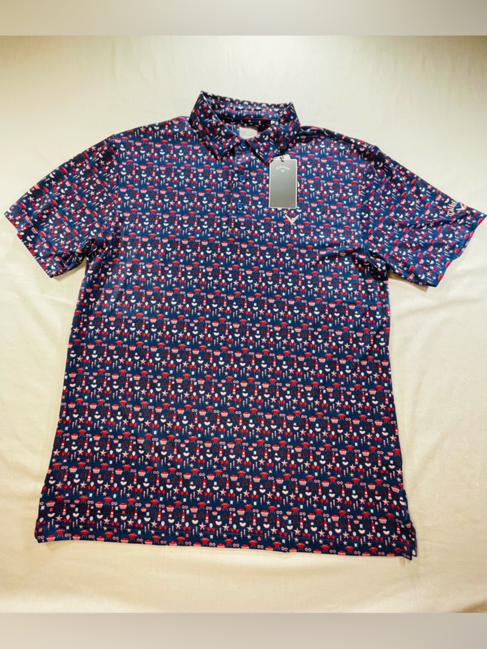 Callaway Mens Opti-Dri Golf Polo Shirt Blue M Patriotic BBQ Fireworks CGKSF099DS